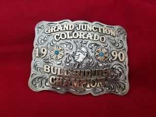 1990 Rodeo Trophy Belt Buckle Vintage Grand Junction Colorado Bull Riding 577
