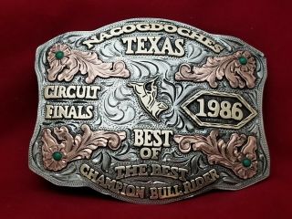1986 Rodeo Trophy Belt Buckle Vintage Nacogdoches Texas Bull Riding Champion 707