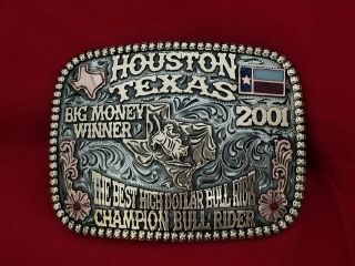 2001 Rodeo Trophy Belt Buckle Houston Texas Bull Riding Champion Vintage 135