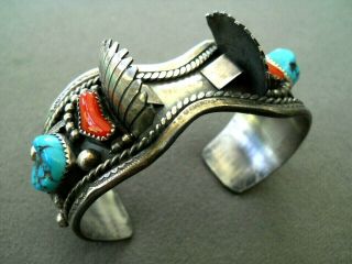 Native American Indian Turquoise Coral Sterling Silver Watch Bracelet Signed