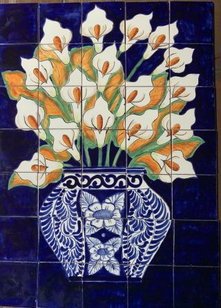 Talavera Mexican Pottery 28 X 20 Tile Hand Painted Mural Calla Lily Flowers Vtg