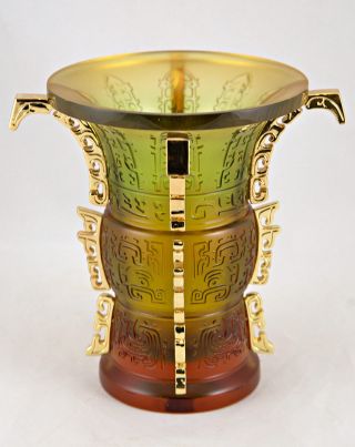 Chinese Pate De Verre Art Glass Vase In Bronze Zun Form Liuli Shenzhen Daum