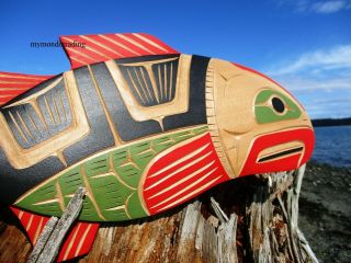 Northwest Coast First Nation Native Cedar Wood Art Carved Salmon Signed Quality