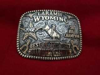 2002 Rodeo Trophy Belt Buckle Laramie Wyoming Bull Riding Champion Vintage 291