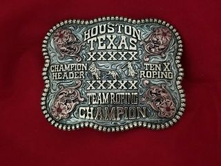 Rodeo Trophy Belt Buckle Houston Texas 10x Team Roping Champion Vintage 634