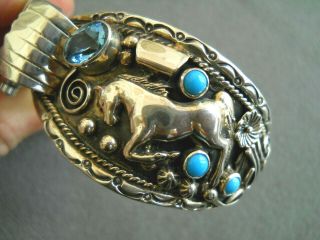 Running Bear Native American Turquoise Sterling Silver Horse Watch Bracelet