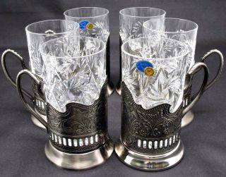 Set Of 6 Russian Tea Glass Holders Podstakannik With Soviet Cut Crystal Glasses