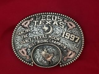 1997 Rodeo Trophy Belt Buckle Pecos Texas Bull Riding Champion Vintage 96