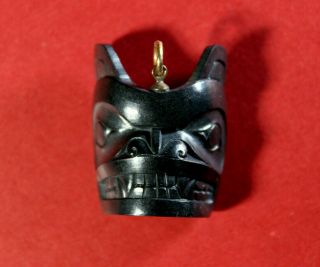 N.  W.  C Haida - Finely Carved Argillite - Bear Mask Pendant By Ron Russ
