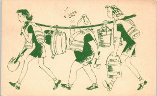 1940s Girl Scout Postcard Whistling Carrying Camp Items Tall Girls Stamp