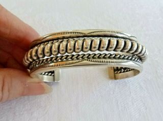 Signed Tahe Navajo Cuff Bracelet Twisted & Stamped Sterling Silver 56.  7 Grams