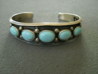 Southwestern Native American Navajo Turquoise Row Sterling Silver Bracelet Es