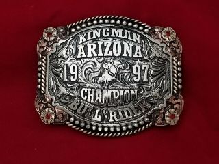 1997 Rodeo Trophy Belt Buckle Kingman Arizona Champion Bull Rider Vintage 890