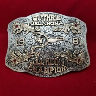 1981 Rodeo Trophy Buckle Vintage Guthrie Oklahoma Bull Riding Champion 672