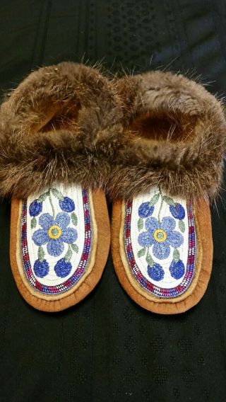 Dene Tribe Quilled Moose Hide Moccasins With Beaver Fur By Sarah Hardisty
