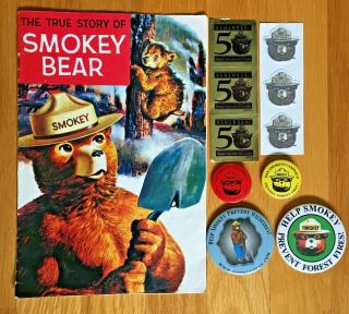 Vtg Comic The True Story Of Smokey Bear Forest Service Usda Buttons Stickers