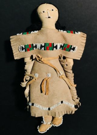 Early 20th C Sioux Sinew Beaded Hide Doll,  White Heart Red Beads,