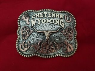 Rodeo Trophy Belt Buckle Vintage Cheyenne Wyoming Longhorn Champion Buckle 281