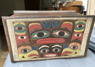 Neat Northwest Coast Indian / Inuit Style Carved Polychrome Wood Folk Art Box 2