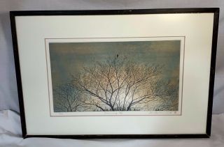 Japanese Hiroto Norikane Signed Numbered Etching Bird In Tree " Evening Sky "