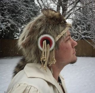 Raccoon Headdress Native American Beadwork Mountain Man Coonskin Hat Rendezvous
