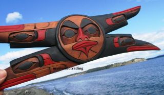 Pacific Northwest Coast First Nations Native Cedar Art Carved Moon With Ravens