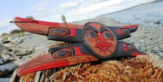 Pacific Northwest coast First Nations native cedar Art carved Moon with Ravens 2