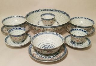 13pc Chinese Dragon Blue & White Rice Pattern Porcelain Soup Serving Bowl Plate