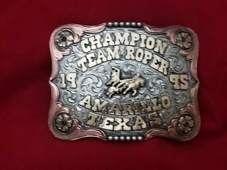 1995 Rodeo Trophy Belt Buckle Amarillo Texas Team Roping Champion Vintage 161