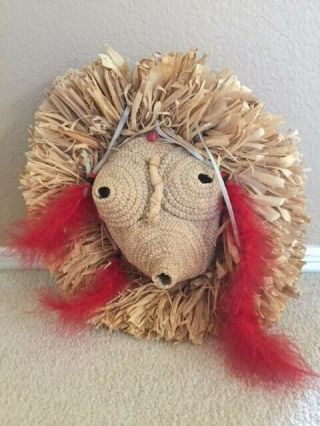 Native American Iroquois Corn Husk Mask With Feathers - 15 " In Diameter