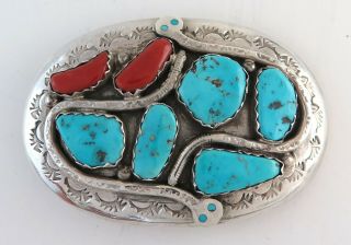 Zuni Effie Calavaza Sterling Silver Turquoise & Coral Western Snake Belt Buckle