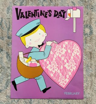 Vintage Valentine’s Day School Poster 1970s Children Classroom Decor 22x17”