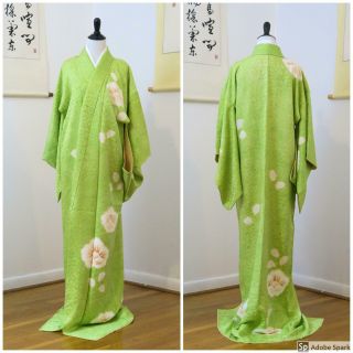 Tsubaki Tsukesage | Vintage Silk Shibori Chartreuse Lime Green Japanese Kimono
