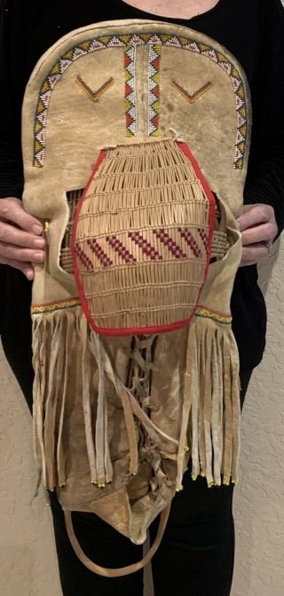 NATIVE PAIUTE SHOSHONE INDIAN BEADED LARGE 25X10 CRADLEBOARD HIDE & WILLOW FRAME 2