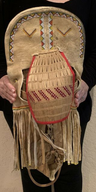 NATIVE PAIUTE SHOSHONE INDIAN BEADED LARGE 25X10 CRADLEBOARD HIDE & WILLOW FRAME 3