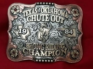 1984 Rodeo Trophy Belt Buckle Austin Texas Oklahoma Bronc Ride Champ Vintage 135