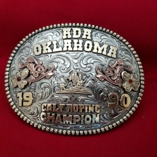 1990 Rodeo Trophy Buckle Vintage Ada Oklahoma Calf Roping Champion 77