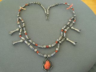Native American Indian Coral Sterling Silver Bird Squash Blossom Bead Necklace