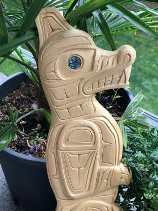 Northwest Coast Native Art Spirit Bear With Salmon Sculpture Carving Signed