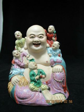 Large Vintage Chinese Porcelain Bisque Laughing Buddha Signed Red Stamp