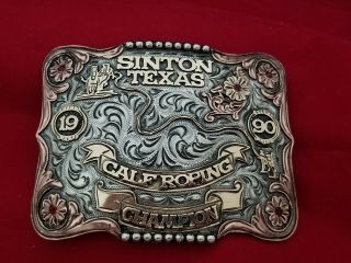 1990 Rodeo Trophy Belt Buckle Vintage Sinton Texas Calf Roping Champion 410