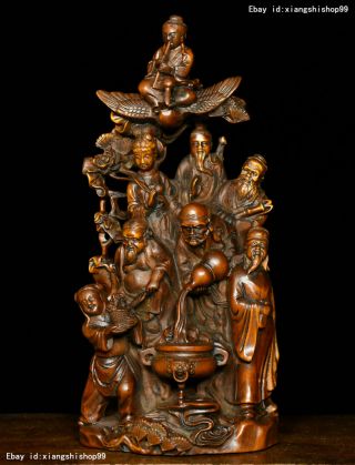 8 " Old China Myth Boxwood Wood Carved Crane Eight Longeivty Immortal God Statue
