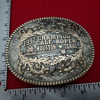 1997 RODEO TROPHY BELT BUCKLE VINTAGE HOUSTON TEXAS CALF ROPING CHAMPION 658 2