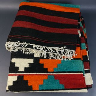 Mexican Art Zapotec Pure Wool Runner Rug Handwoven 36 " X152 " Turquoise Rust Black