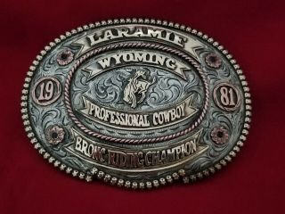 1981 Trophy Rodeo Belt Buckle Vintage Laramie Wyoming Bull Riding Champion 159