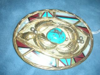 American Indian Turquoise And Shell Sterling Silver Belt Buckle