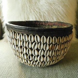 Vintage African Nigerian Cowrie Shell And Leather Basket / Hausa Tribe / 10 "