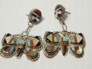 Vintage Zuni Indian Stone Inlay Butterfly Kachina Face Sterling Silver Earrings