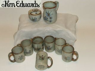 Ken Edwards Mexican Pottery Tonala Coffee Cups Creamer Pot & Sugar Cup 10 - Pc Set