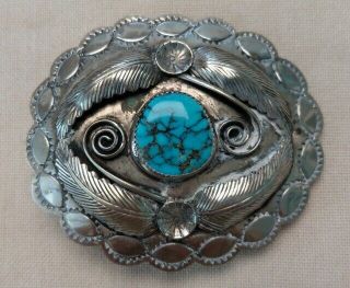 Vtg Old Pawn Ster Silver Belt Buckle Signed Fc Western Navajo Style Turquoise